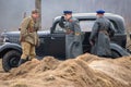 Military-historical reconstruction of one of the battles near Moscow in 1941 in the Kaluga region of Russia. Royalty Free Stock Photo