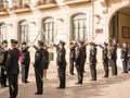 Military honor picket at the exit of the newlyweds in Cervantes square in Alcala de Henares