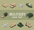 Military icons set with aircrafts, truck, tanks, warship isometric design