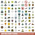 100 military icons set, flat style Royalty Free Stock Photo