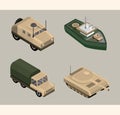 Military icons set with warship, truck, and armored tank Royalty Free Stock Photo