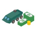 Military industry icon isometric vector. Armored military vehicle and cash money