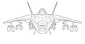 Military jet coloring page for book. vector . Black contour sketch illustrate Isolated on white background. Royalty Free Stock Photo