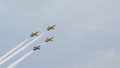 Military jets Aero L-39 Albatros flying fast sky contrail airshow. L39 air show.