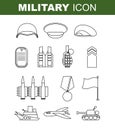 Military line icon. Set army symbol. Soldiers helmet. Green beret. Tank and battleship. Medal for bravery and Flagstaff. Royalty Free Stock Photo