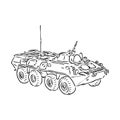 Military machinery hand drawing illustration. Armored personnel carrier or armored fighting vehicle. Sketch
