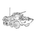 Military machinery hand drawing illustration. Armored personnel carrier or armored fighting vehicle. Sketch