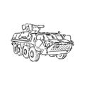 Military machinery hand drawing illustration. Armored personnel carrier or armored fighting vehicle. Sketch