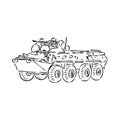 Military machinery hand drawing illustration. Armored personnel carrier or armored fighting vehicle. Sketch Royalty Free Stock Photo