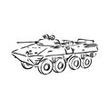 Military machinery hand drawing illustration. Armored personnel carrier or armored fighting vehicle. Sketch