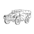 Military machinery hand drawing illustration. Armored personnel carrier or armored fighting vehicle. Sketch Royalty Free Stock Photo