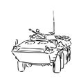 Military machinery hand drawing illustration. Armored personnel carrier or armored fighting vehicle. Sketch