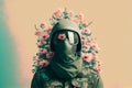 Military man with flowers, peace concept created with generative Ai technology Royalty Free Stock Photo