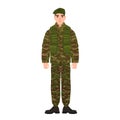 Military man or serviceman dressed in army camouflage uniform. Soldier, footman or infantryman isolated on white Royalty Free Stock Photo