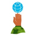 Hand in camouflage holds a globe of the globe. A symbol of care and protection. Symbol of life