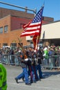 Military March in Saint Patrick`s Day parade Boston, USA Royalty Free Stock Photo