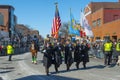 Military March in Saint Patrick`s Day parade Boston, USA Royalty Free Stock Photo