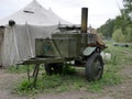 Military marching kitchen outdoors on a summer day on a leafy background . world war II technology. Logistical support of troops.