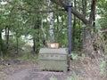 Military marching kitchen outdoors on a summer day on a leafy background . world war II technology. Logistical support of troops.