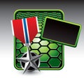 Military medal on green hexagon template