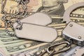Military medallion and handcuffs against a background of paper dollars. Concept: crime in the military, bribery and graft,
