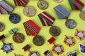 Military medals. Collection set of different soviet medal for participation in the Second World War Royalty Free Stock Photo