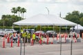 Military and medical personnel setting up to test for Coronavirus Covid 19 in Miami Hard Rock Stadium Parking lot