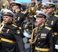 Military musicians at the dress rehearsal of the Victory day parade on Moscow red square