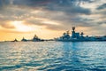 Military navy ships in a sea bay Royalty Free Stock Photo