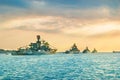 Military navy ships in a sea bay Royalty Free Stock Photo