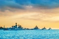 Military navy ships in a sea bay Royalty Free Stock Photo