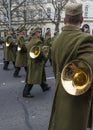 Soldiers march with trumpets during the 15 March parade in Budapest, Hungary. Royalty Free Stock Photo