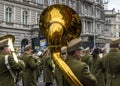 Soldiers march with trumpets during the 15 March parade in Budapest, Hungary. Royalty Free Stock Photo