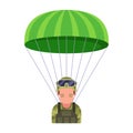 Military parachutist descends from the sky on the battlefield.