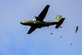 Military parachutist paratroopers jumping from a German Air Force C-160 Transall plane during the Operation Falcon Leap. Veluwe,