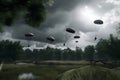 Military parachutist paratroopers jumping out of an air force airplane. Neural network AI generated