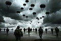 Military parachutist paratroopers jumping out of an air force airplane. Neural network AI generated