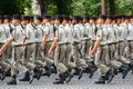 Military parade (Defile) during the ceremonial of french national day, Champs Elysee avenue. Royalty Free Stock Photo