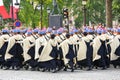 Military parade (Defile) during the ceremonial of french national day, Champs Elysee avenue. Royalty Free Stock Photo
