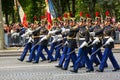 Military parade (Defile) during the ceremonial of french national day, Champs Elysee avenue. Royalty Free Stock Photo