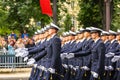 Military parade (Defile) during the ceremonial of french national day, Champs Elysee avenue. Royalty Free Stock Photo