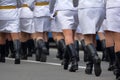 Military parade and girls as members of armed forces and police. Royalty Free Stock Photo