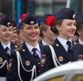 Military parade russian girls. Dress uniform of Ministry of internal Affairs (Home Department)