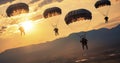 Military Paratroopers Making a Controlled Landing with Parachutes