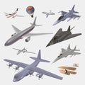 Military and passenger aircraft set. Fighter jet, Balloon, hang glider, old model, private jet, F-117 Nighthawk, interceptor,