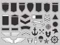 Military patches. Army soldier emblem, troops badges and air force insignia patch design elements vector set Royalty Free Stock Photo