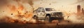 Military Pickup Truck in Middle East Destruction. Generative ai