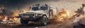 Military Pickup Truck in Middle East Destruction. Generative ai
