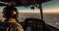 A Military Pilot in the Cockpit of a Helicopter with a City View and Instrumentation, Generative AI