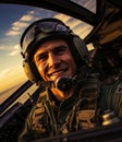 Military pilot portrait in flight. Aviation jet forces man. Generative AI